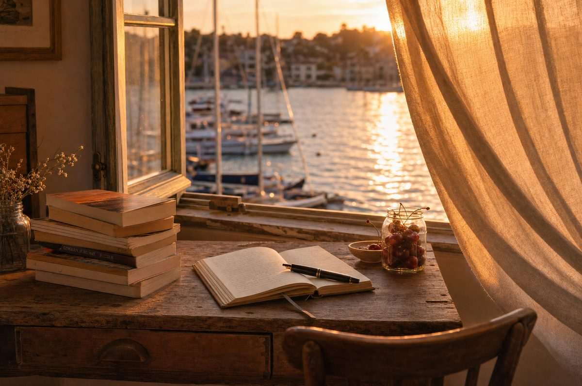 A lakeside writing desk at golden hour — open notebook, stack of novels, jar of cherries, harbor through the window
