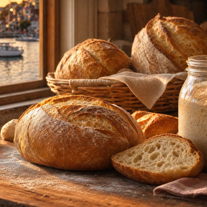 Golden sourdough loaves in a harbor-town bakery at dawn