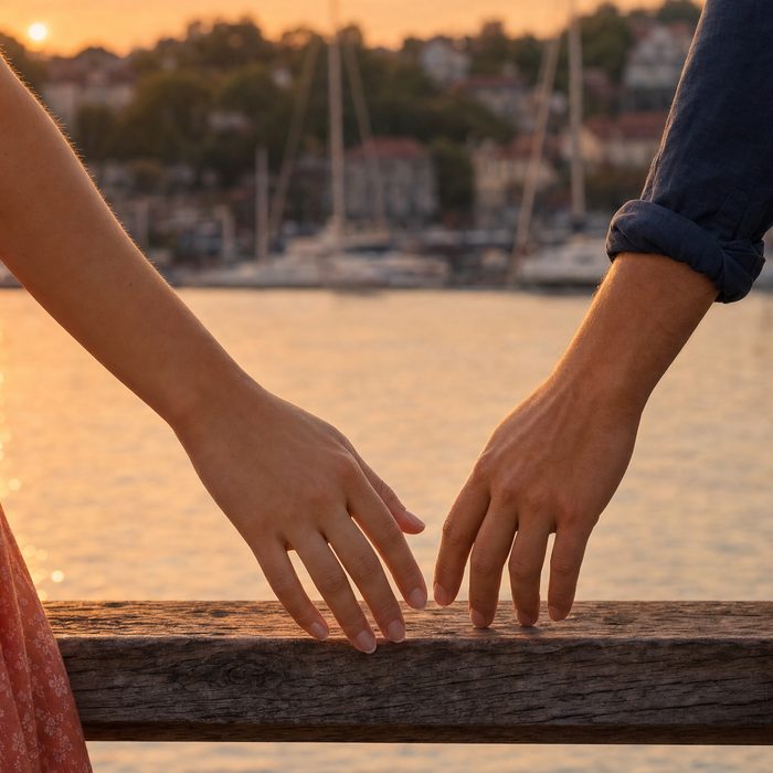 Two hands almost touching on a dock railing at sunset
