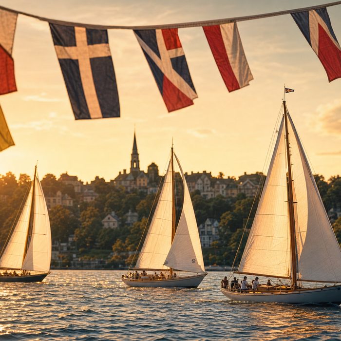 Wooden sailboats racing on a sparkling lake at golden hour