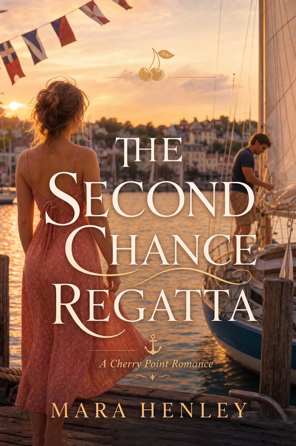 The Second Chance Regatta by Mara Henley — book cover: a woman in a coral sundress on a golden-hour harbor dock